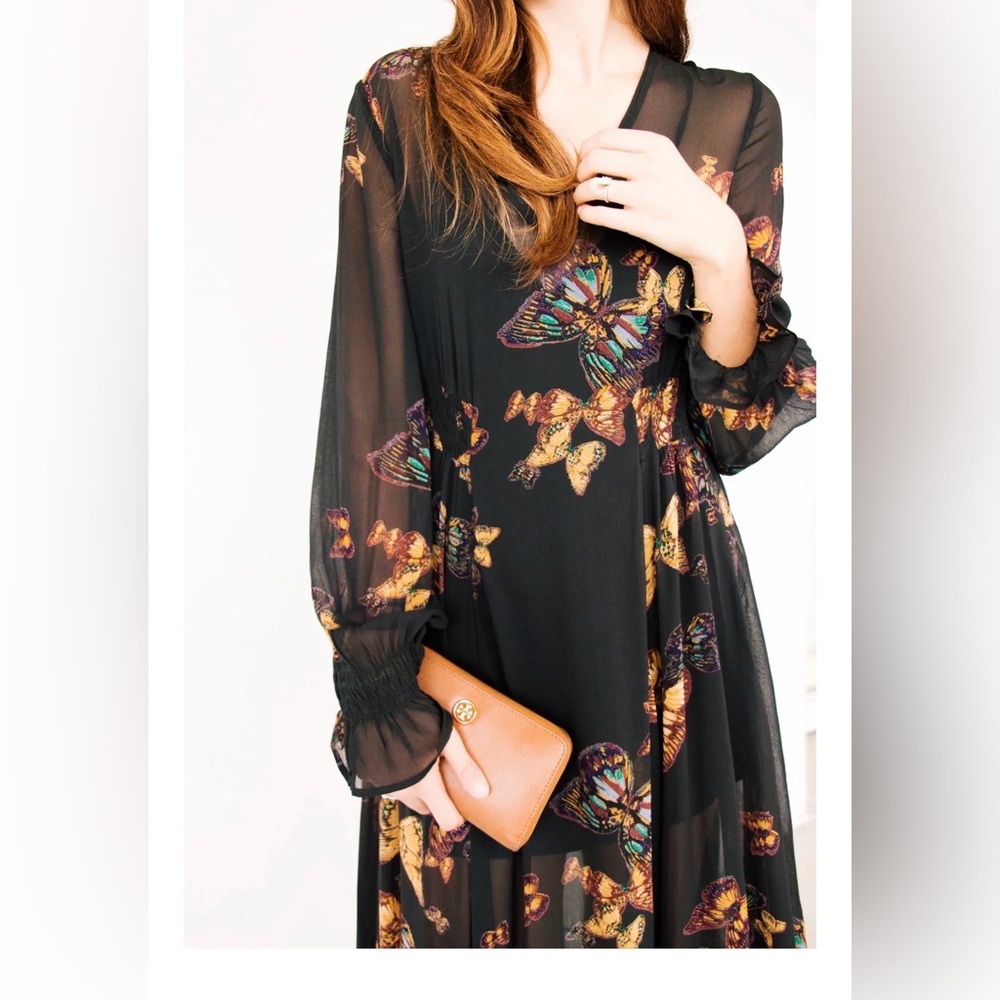 Free People Butterfly Print Long Sleeve Maxi Dress XS